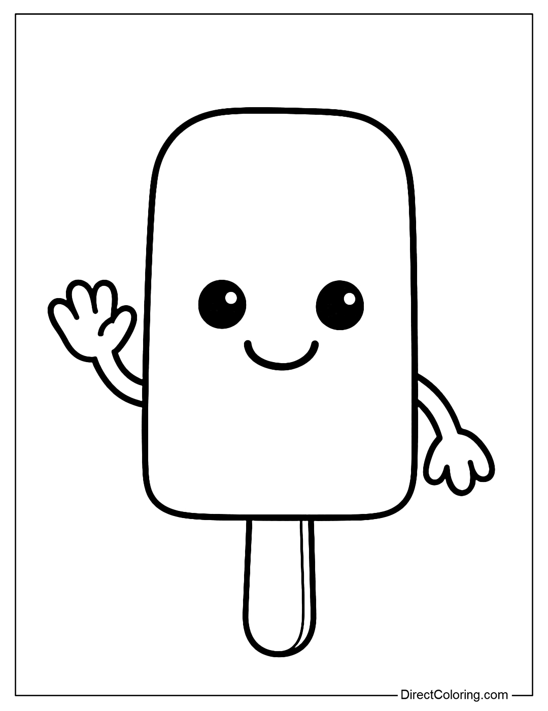 A smiling one-tier popsicle coloring page with waving hands and round eyes.